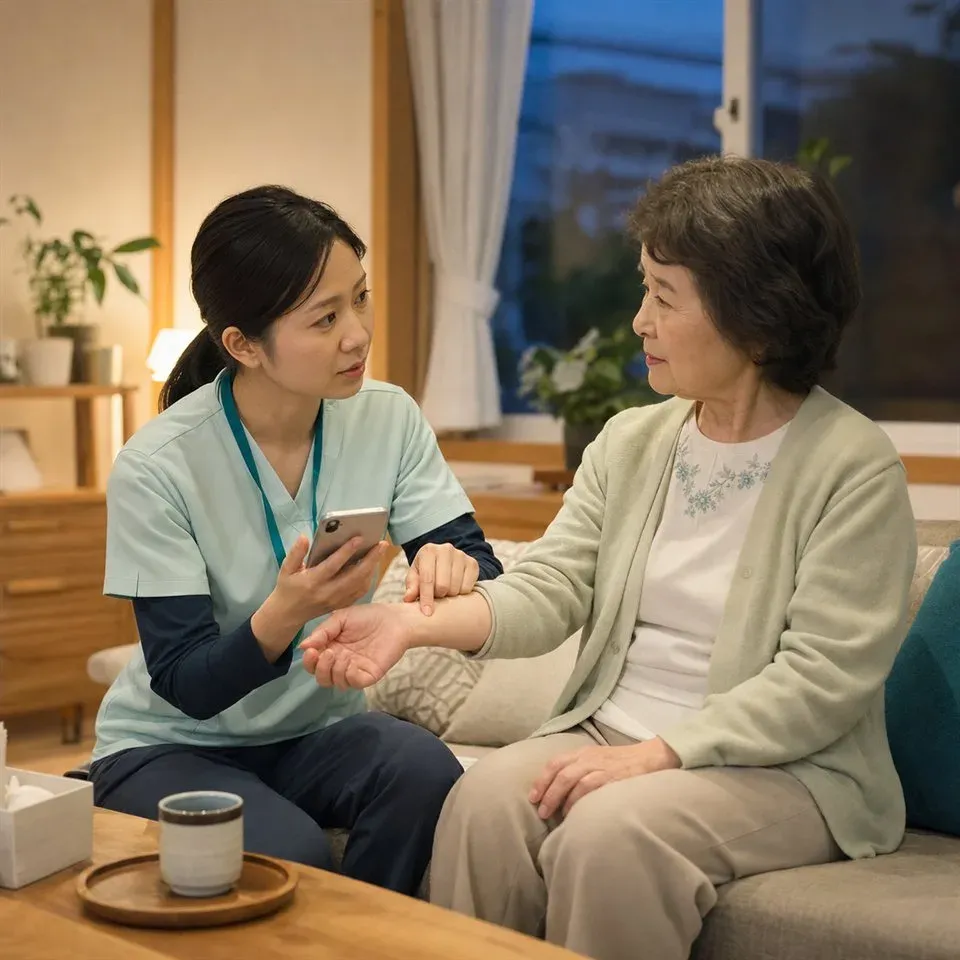夜間に利用者さんの脈を確認しながら連絡を取る訪問看護師
