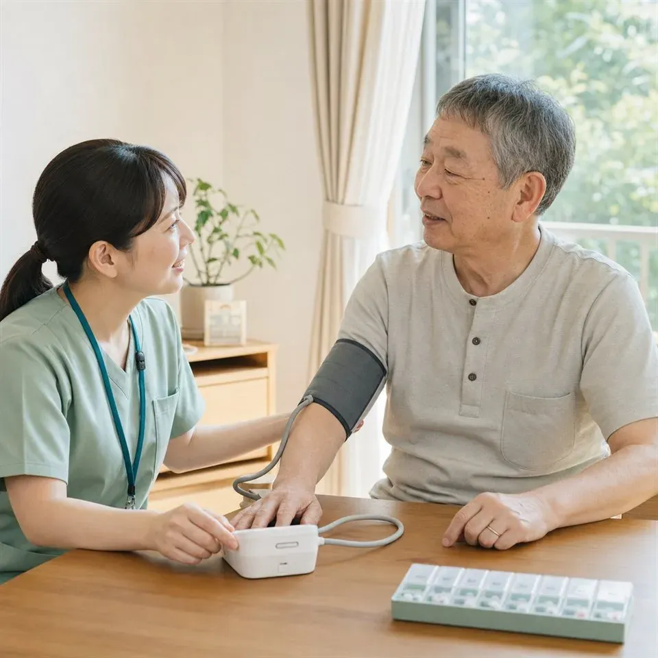 利用者さんの上腕で血圧を測定する訪問看護師
