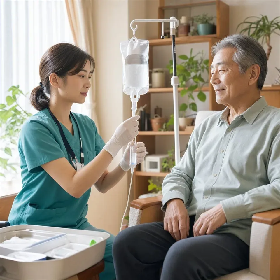 自宅で点滴の準備を行う訪問看護師