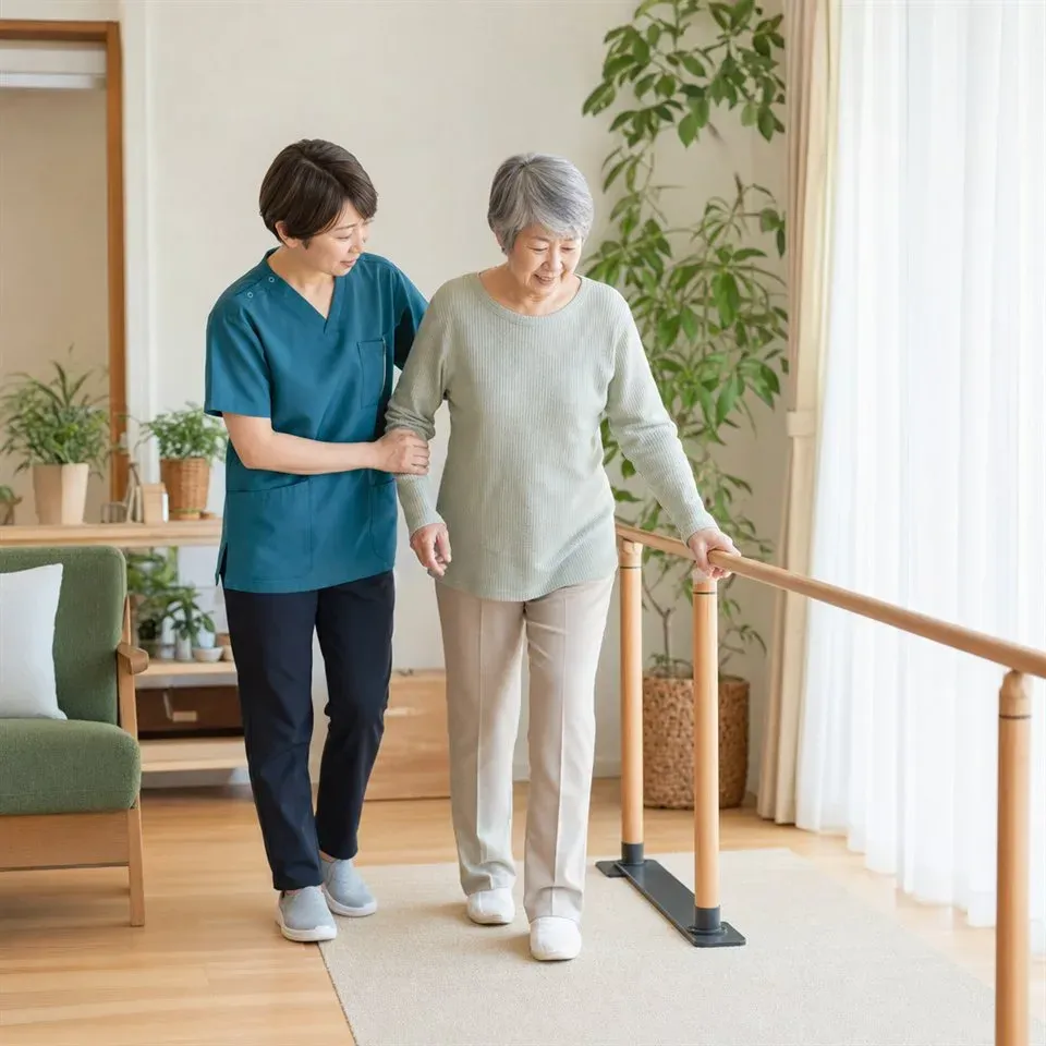 利用者さんの歩行を見守る訪問スタッフ