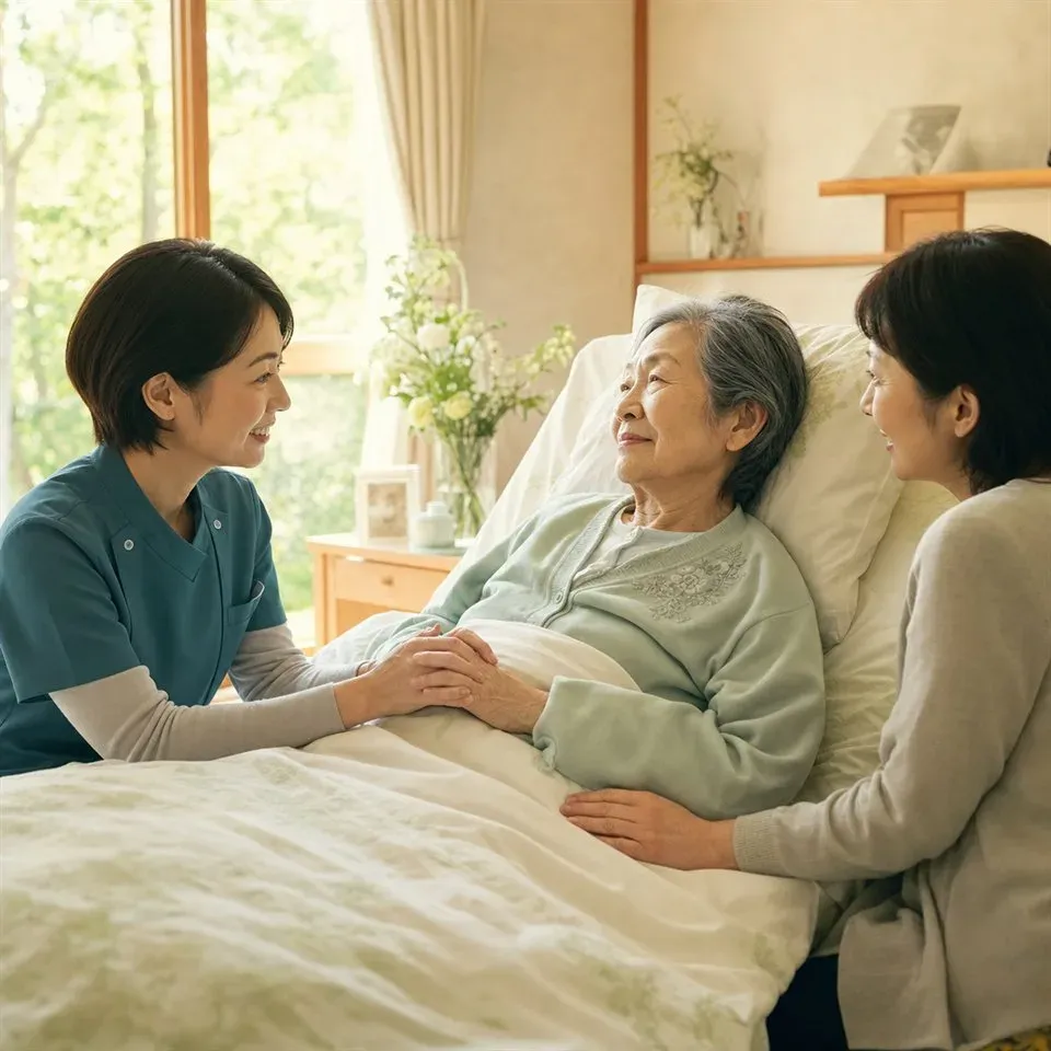 自宅のベッドで利用者さんとご家族に寄り添う訪問看護師